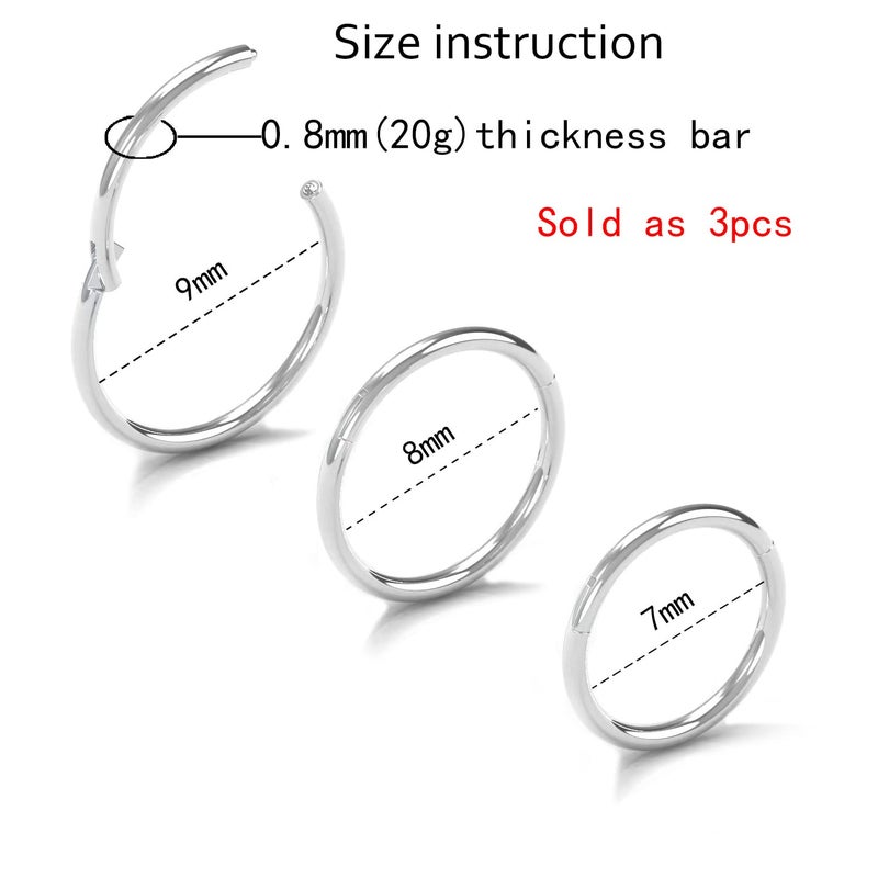 NewkeepsR 3PCS-0.8mm(20g) 316L Surgical Steel Hinged Clicker Segment Seamless Rings, Lobe Cartilage Tragus Earring Nose Hoop-7/8/9mm - Image 2